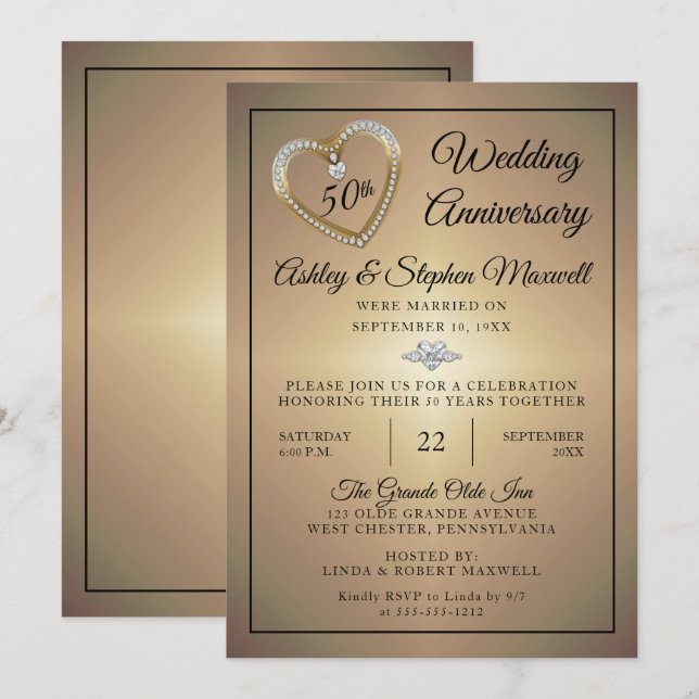 Heart Diamonds 50th Wedding Anniversary Party Invitation (Front/Back)