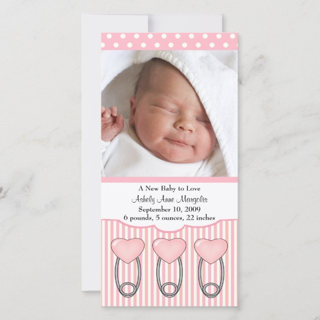 Heart Diaper Pins PHOTO Birth Announcement (Front)