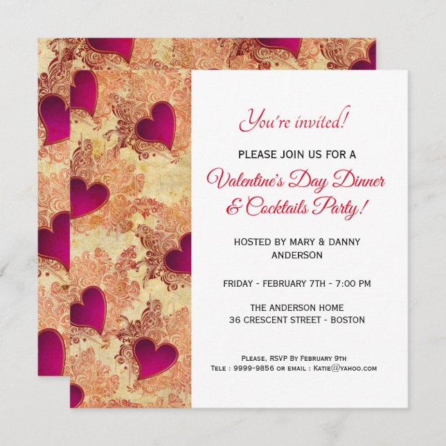 Heart Dinner & Cocktails Valentine's Day Invite (Front/Back)