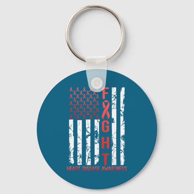 Heart Disease Awareness February Usa Flag Ribbon R Keychain (Front)