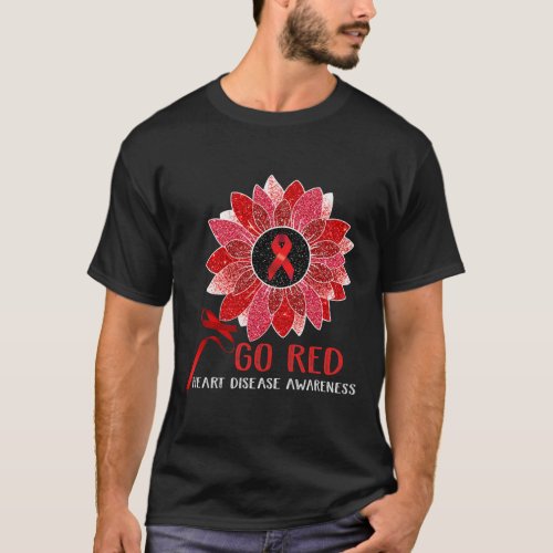 Heart Disease Awareness Month Ribbon Sunflower  T_Shirt