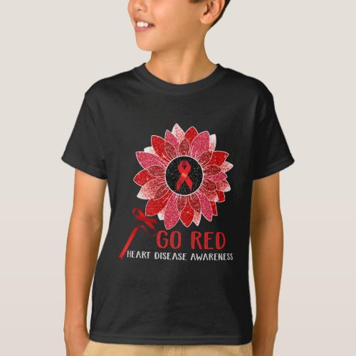 Heart Disease Awareness Month Ribbon Sunflower  T_Shirt