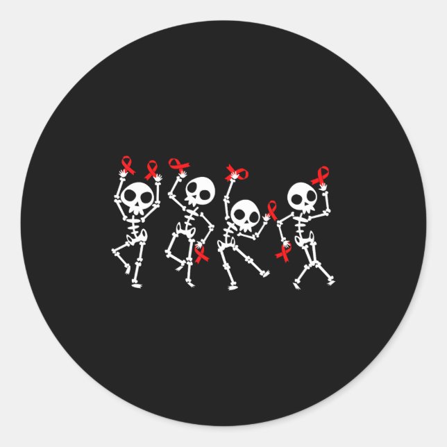 Heart Disease Awareness Month Skeleton Red Ribbon  Classic Round Sticker (Front)