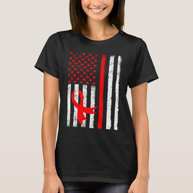 Heart Disease Awareness Red Ribbon American Flag U T-Shirt (Front)
