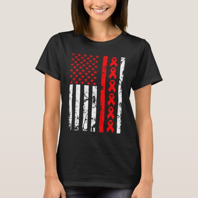 Heart Disease Awareness Red Ribbon American Flag U T-Shirt (Front)