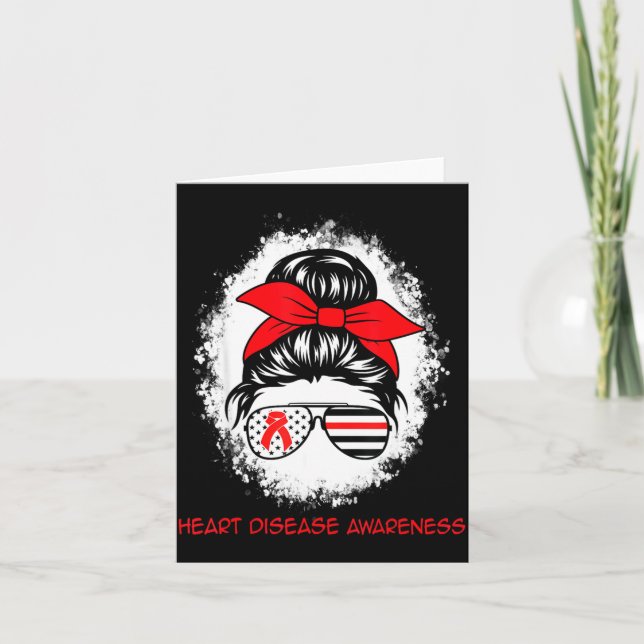 Heart Disease Awareness Red Ribbon Heart Messy Bun Card (Front)