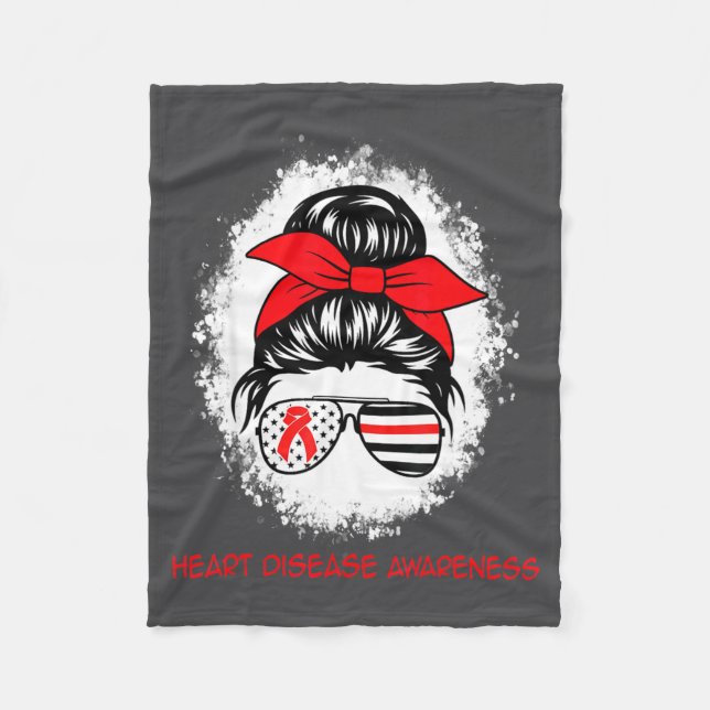 Heart Disease Awareness Red Ribbon Heart Messy Bun Fleece Blanket (Front)