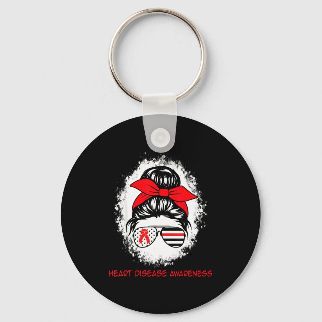 Heart Disease Awareness Red Ribbon Heart Messy Bun Keychain (Front)