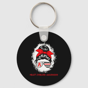 Heart Disease Awareness Red Ribbon Heart Messy Bun Keychain