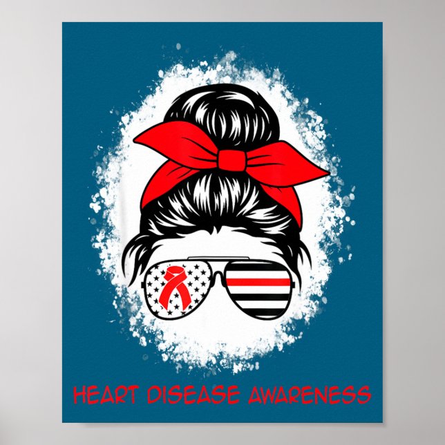 Heart Disease Awareness Red Ribbon Heart Messy Bun Poster (Front)