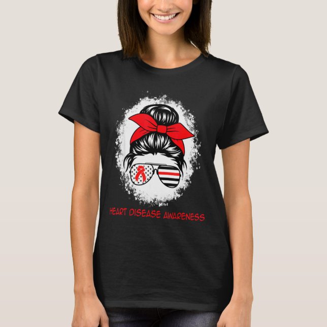 Heart Disease Awareness Red Ribbon Heart Messy Bun T-Shirt (Front)