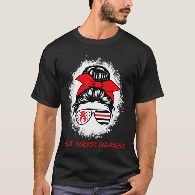 Heart Disease Awareness Red Ribbon Heart Messy Bun T-Shirt (Front)