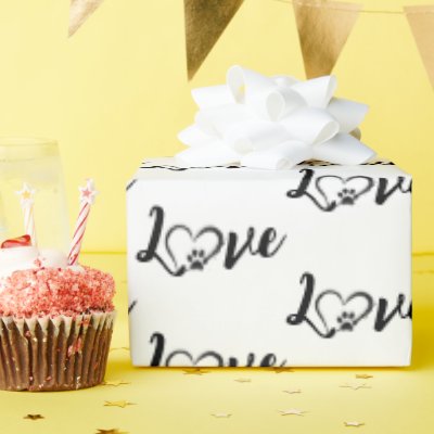 Heart Dog Paw Print With Love Text Wrapping Paper