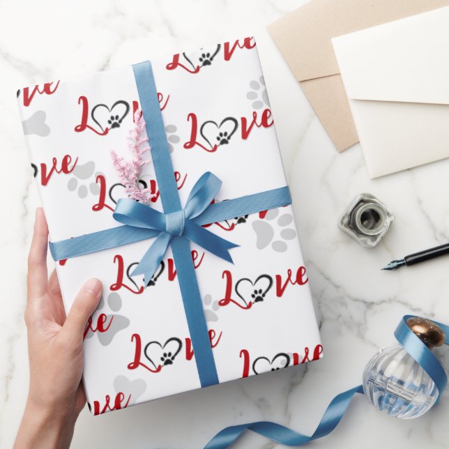 Heart Dog Paw Prints With Love Text Wrapping Paper (Gifting)