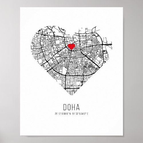 Heart Doha City Map Qatar Poster