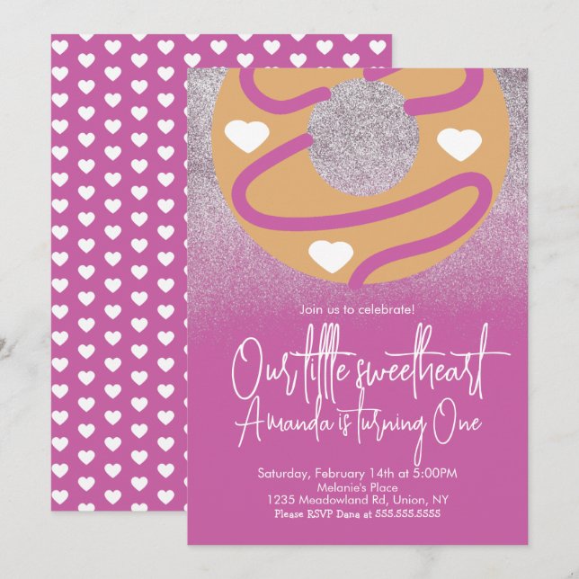 Heart Donuts Faux Glitter Valentines Day Invitation (Front/Back)