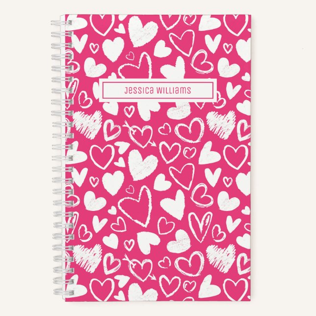 Heart Doodle and Love Pattern Cute Pink Notebook (Front)