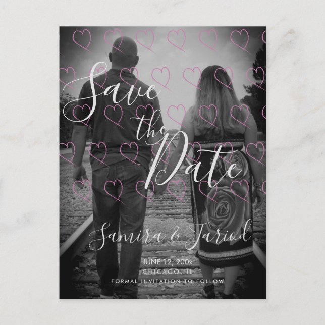 Heart Doodles Pink Hand Drawn Save the Date  Postcard (Front)