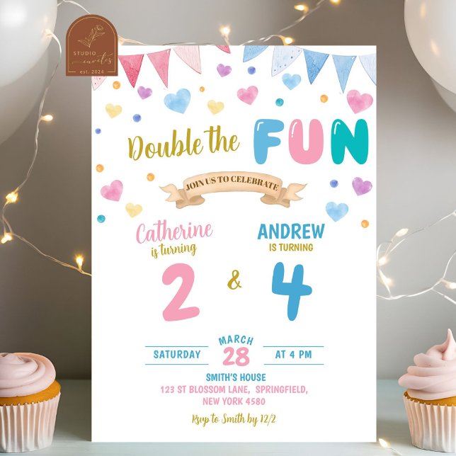 Heart Double Celebration Boy Girl Joint Birthday Invitation (Creator Uploaded)