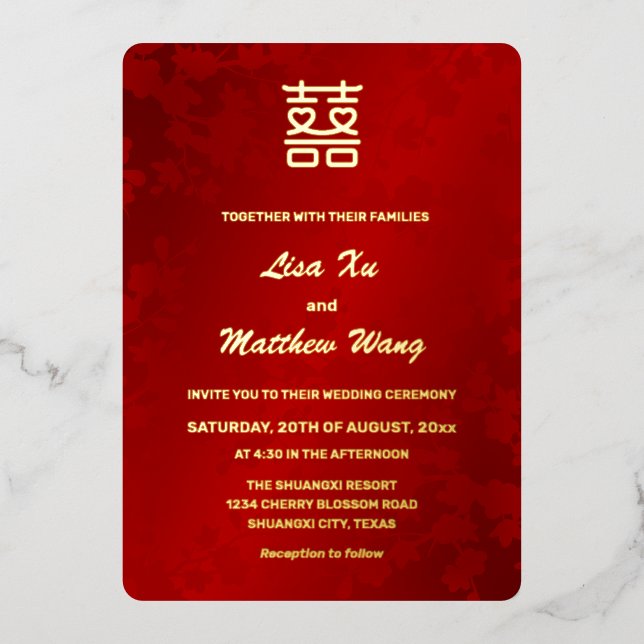 Heart Double Happiness Red Gold Chinese Wedding Foil Invitation (Front)