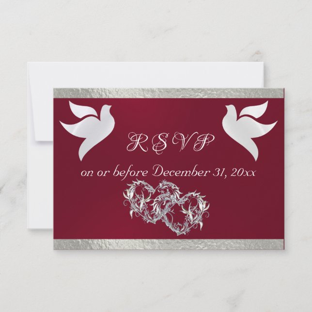 Heart, Doves & Ribbon - Burgundy/Silver RSVP Card (Front)