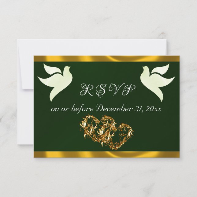 Heart, Doves & Ribbon - Emerald/Gold RSVP Card (Front)