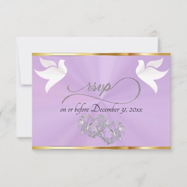 Heart, Doves & Ribbon - Lavender/Silver RSVP Card (Front)