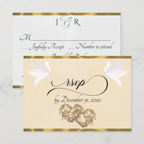 Heart, Doves & Ribbon - Peach Pearl/Gold RSVP Card
