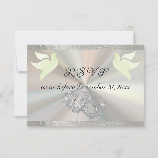 Heart, Doves & Ribbon - White/Silver RSVP Card (Front)