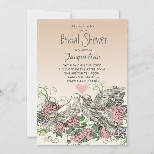 Heart Doves Rose Pink Romance Bridal Shower Invitation