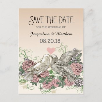 Heart Doves Rose Pink Romance - Save The Date Announcement Postcard by SpiceTree_Weddings at Zazzle