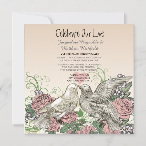 Heart Doves Rose Pink Romance Wedding Invitation