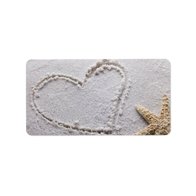 Heart Drawn in Sand at Beach w Starfish Template Label (Front)