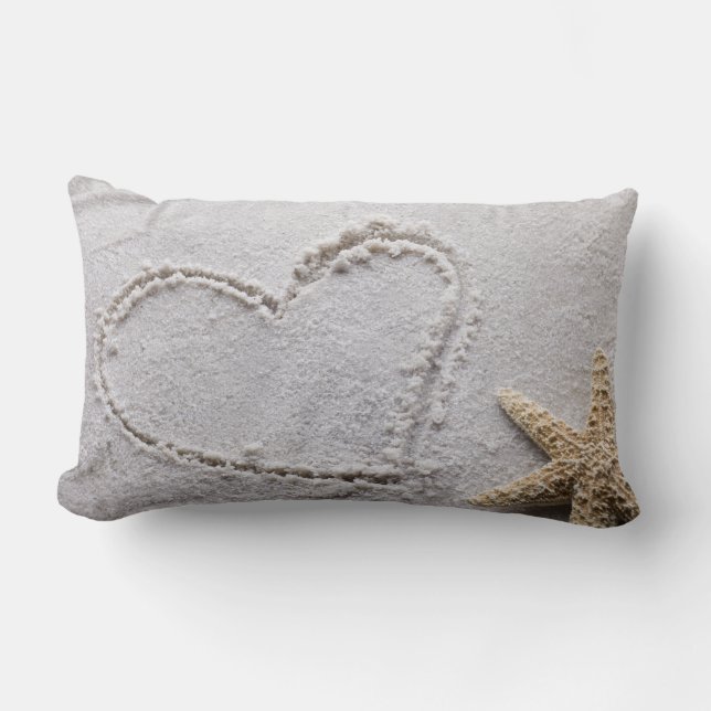 Heart Drawn in Sand at Beach w Starfish Template Lumbar Pillow (Front)