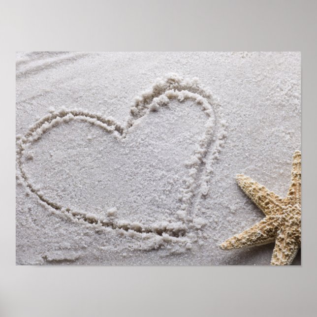 Heart Drawn in Sand at Beach w Starfish Template Poster (Front)