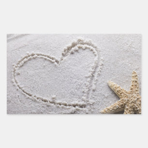 Heart Drawn in Sand at Beach w Starfish Template Rectangular Sticker