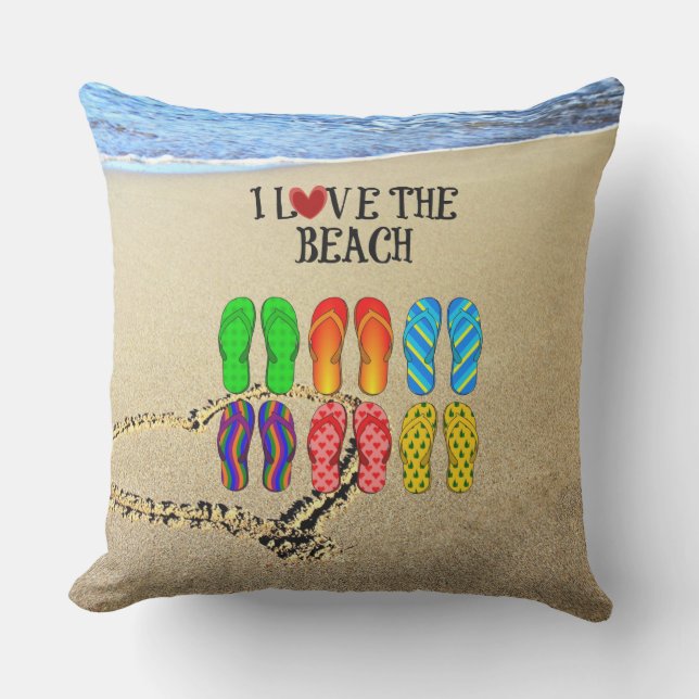 Heart drawn in the sand, I Love the Beach Throw Pillow (Front)