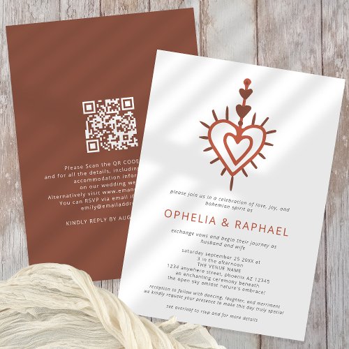 Heart Dreamcatcher Terracotta QR Code Boho Wedding Invitation
