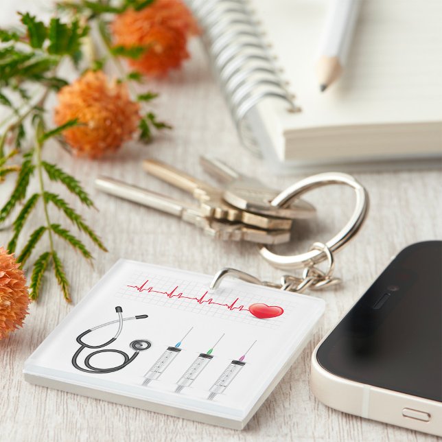 Heart ECG Monitor with Stethoscope and Syringes Keychain (Creator Uploaded)