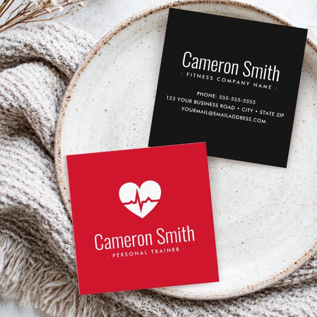 Heart ECG wave fitness personal trainer modern Square Business Card (Heart ECG wave fitness personal trainer modern Square Business Card)