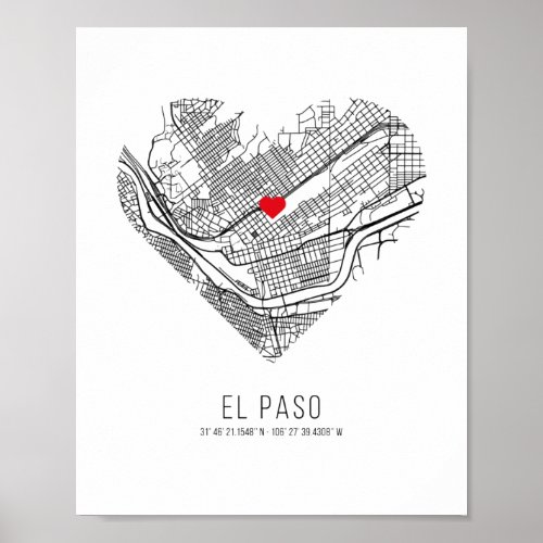 Heart El Paso City Map United States Poster