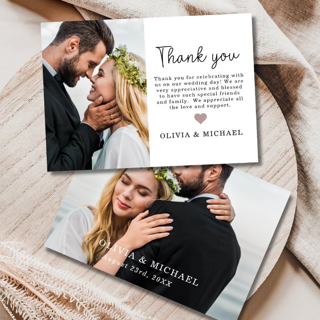 Heart Elegant Script Photo Wedding Thank You Card (Creator Uploaded)