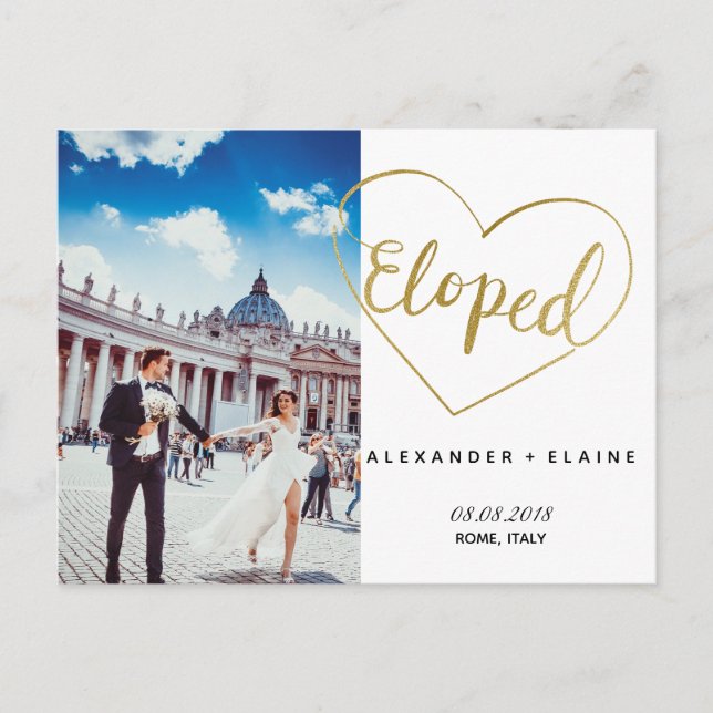 Heart Eloped Marriage Faux Gold Announcement Card (Front)