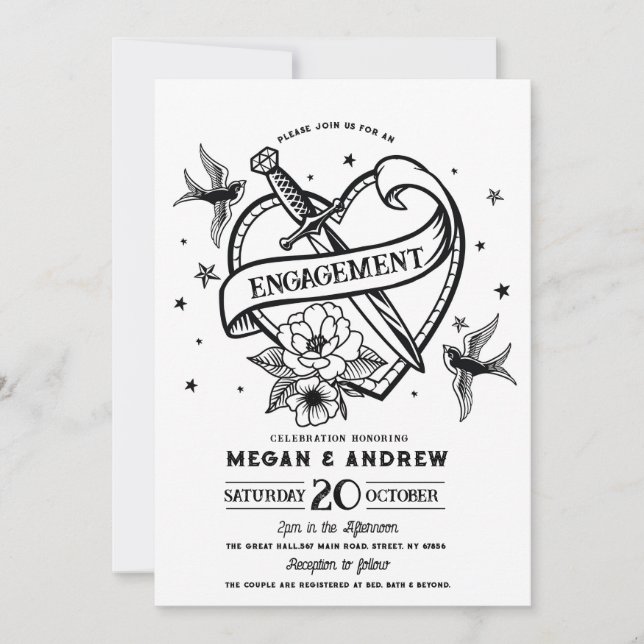 Heart Engagement Party Traditional Tattoo Invite (Front)