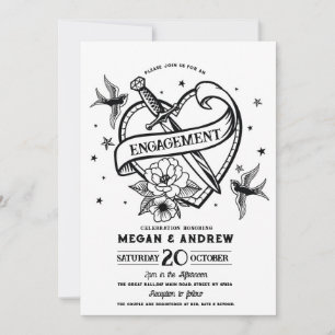 Heart Engagement Party Traditional Tattoo Invite