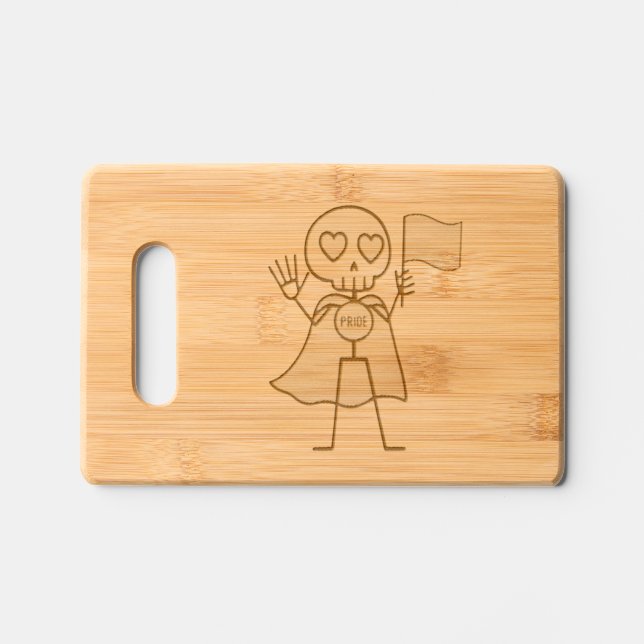 . Heart-Eyed Caped Pride Skeleton Cutting Board (Front)