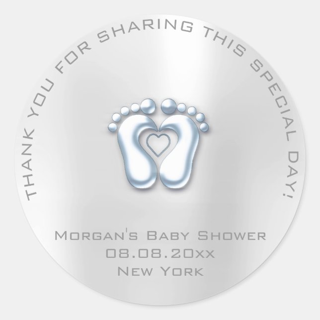 Heart Feet Baby Shower Favor Boy Thank Gray Blue Classic Round Sticker (Front)