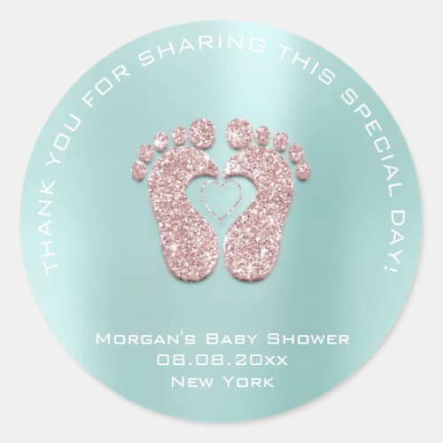 Heart Feet Baby Shower Favor Gift Thank Aqua Pink Classic Round Sticker