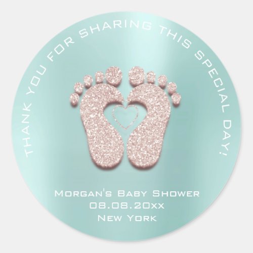 Heart Feet Baby Shower Favor Gift Thank Ivory Aqua Classic Round Sticker