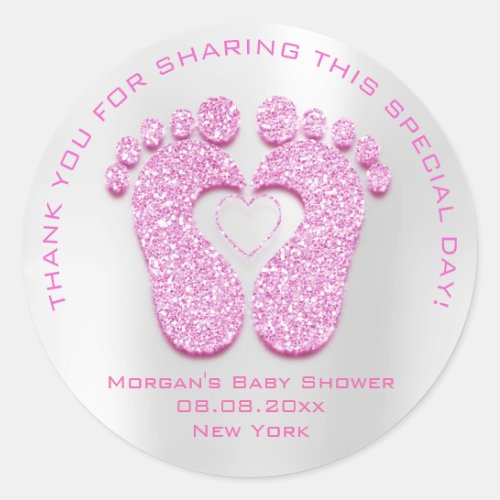 Heart Feet Baby Shower Favor Gift Thank Pink Gray Classic Round Sticker